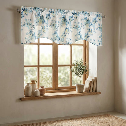Tache Cotton White Blue Floral Scalloped Petal Dance Sheer Scalloped Window Treatment Valance (JHW-646)