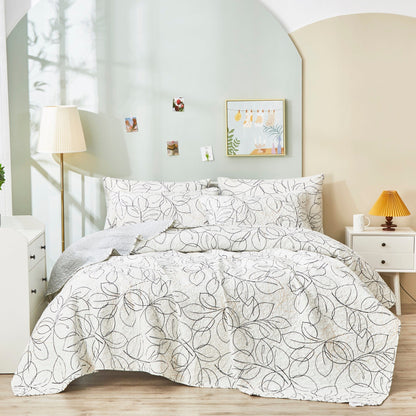 Tache Modern Abstract Leaf Line Art Foliage White Grey Black Gold Reversible Quilt Set (TJ3571-Q)