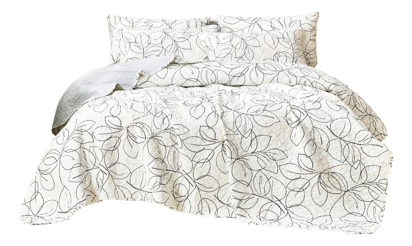 Tache Modern Abstract Leaf Line Art Foliage White Grey Black Gold Reversible Quilt Set (TJ3571-Q)