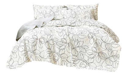 Tache Modern Abstract Leaf Line Art Foliage White Grey Black Gold Reversible Quilt Set (TJ3571-Q)