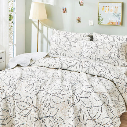 Tache Modern Abstract Leaf Line Art Foliage White Grey Black Gold Reversible Quilt Set (TJ3571-Q)