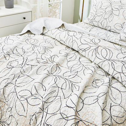 Tache Modern Abstract Leaf Line Art Foliage White Grey Black Gold Reversible Quilt Set (TJ3571-Q)