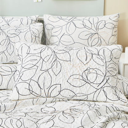 Tache Modern Abstract Leaf Line Art Foliage White Grey Black Gold Reversible Quilt Set (TJ3571-Q)