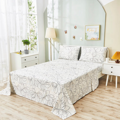 Tache Modern Abstract Leaf Line Art Foliage White Grey Black Gold Fitted Sheet / Flat Sheet (TJ3571)