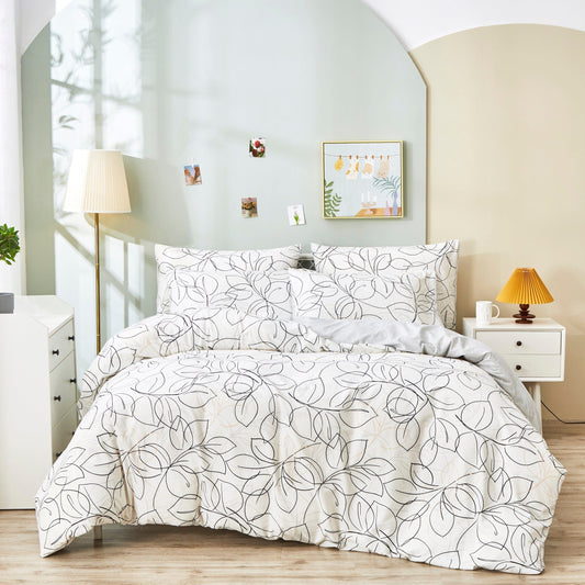 Tache Modern Abstract Leaf Line Art Foliage White Grey Black Gold Reversible Duvet Cover (TJ3571-D)
