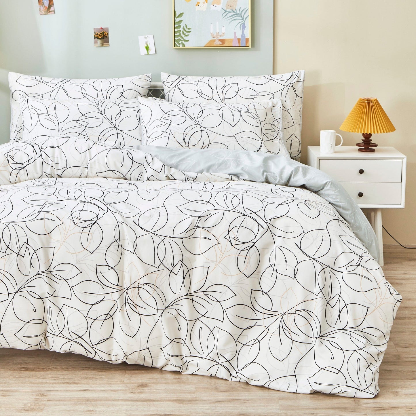 Tache Modern Abstract Leaf Line Art Foliage White Grey Black Gold Reversible Duvet Cover (TJ3571-D)