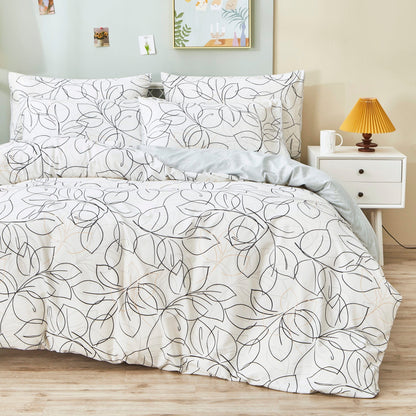 Tache Modern Abstract Leaf Line Art Foliage White Grey Black Gold Reversible Duvet Cover (TJ3571-D)