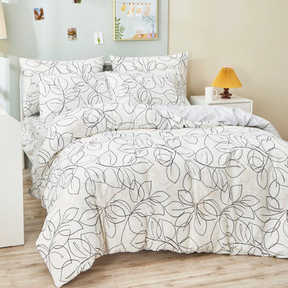 Tache Modern Abstract Leaf Line Art Foliage White Grey Black Gold Reversible Duvet Cover (TJ3571-D)