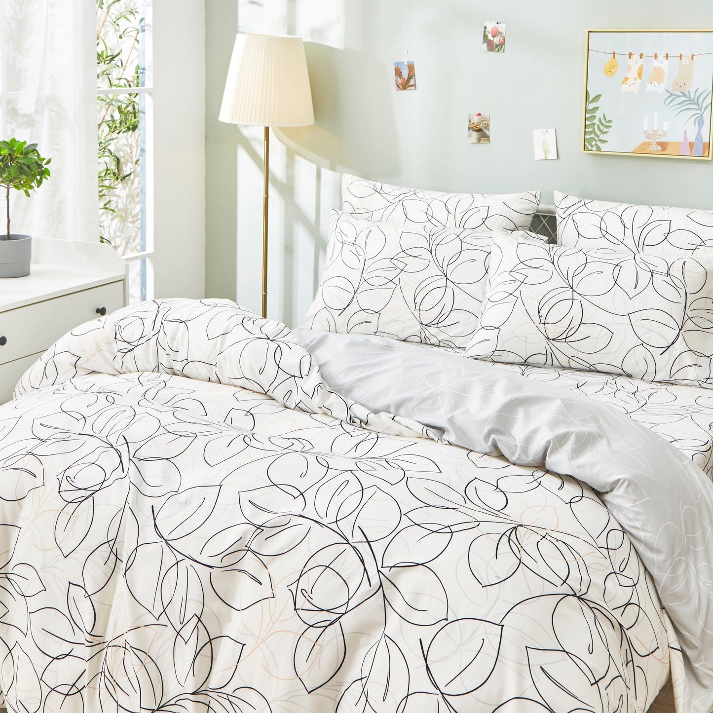 Tache Modern Abstract Leaf Line Art Foliage White Grey Black Gold Reversible Duvet Cover (TJ3571-D)