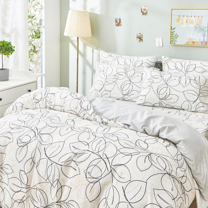 Tache Modern Abstract Leaf Line Art Foliage White Grey Black Gold Reversible Duvet Cover (TJ3571-D)