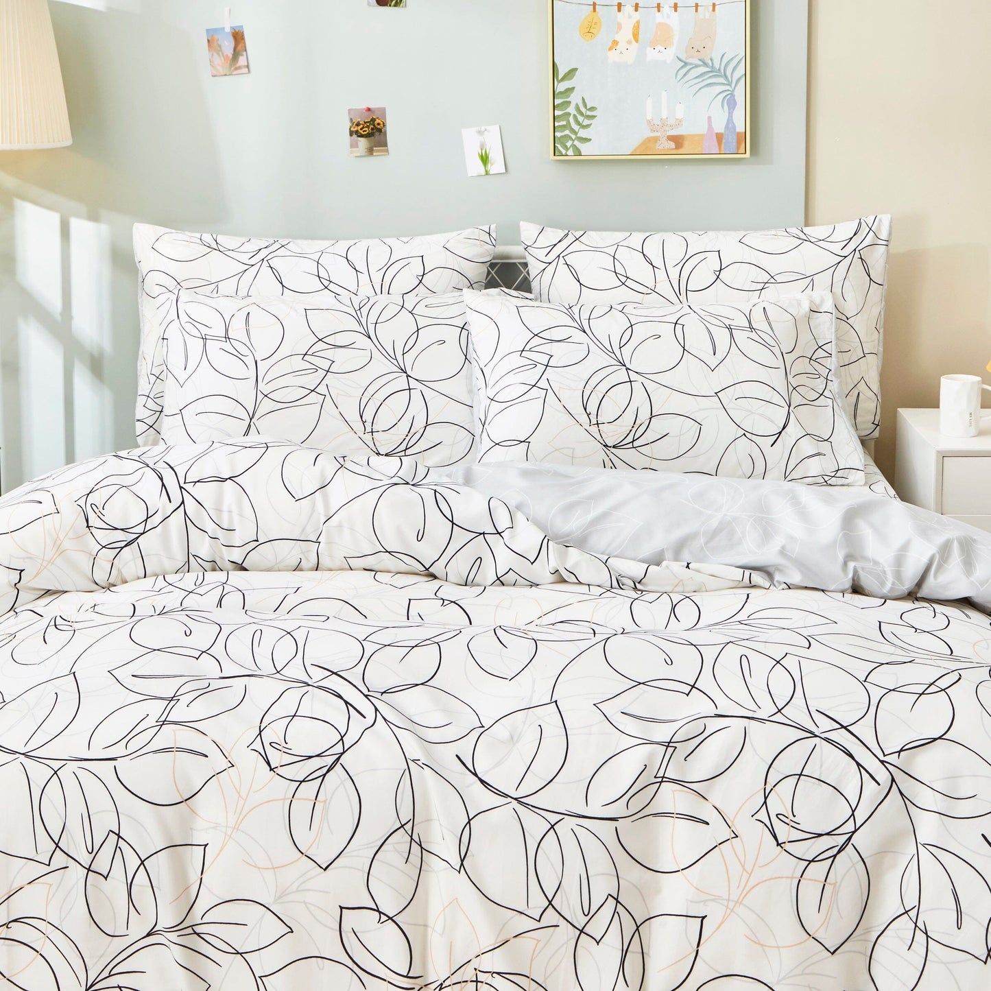 Tache Modern Abstract Leaf Line Art Foliage White Grey Black Gold Reversible Duvet Cover (TJ3571-D)