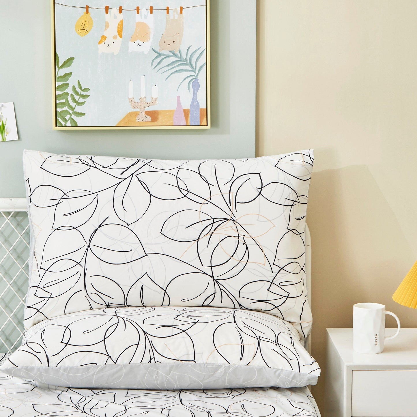 Tache Modern Abstract Leaf Line Art Foliage White Grey Black Gold Reversible Duvet Cover (TJ3571-D)