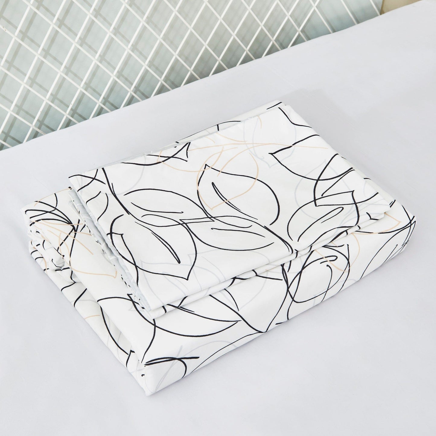 Tache Modern Abstract Leaf Line Art Foliage White Grey Black Gold Fitted Sheet / Flat Sheet (TJ3571)