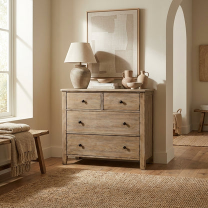 Classic Pine 4-Drawer Accent Chest in Natural Gray with Brass Knobs