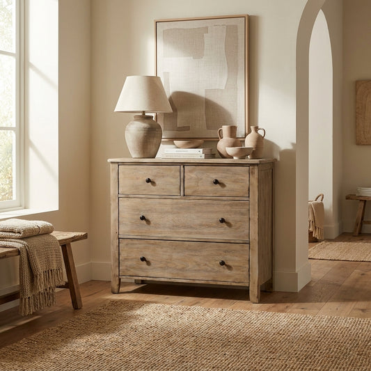 Classic Pine 4-Drawer Accent Chest in Natural Gray with Brass Knobs