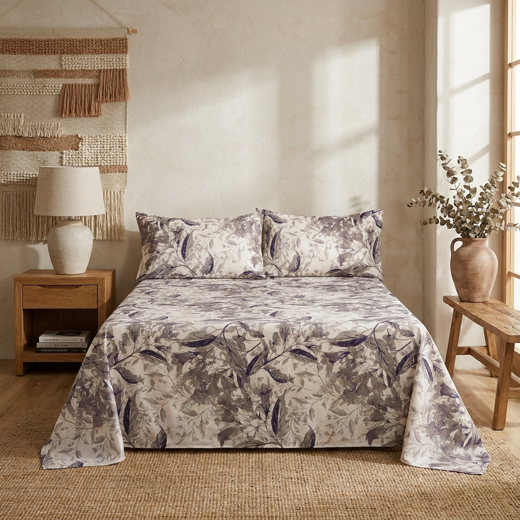 Tache Microfiber Abstract Wispy Leaf Taupe Grey Fitted Sheet / Flat Sheet (JHW-843)