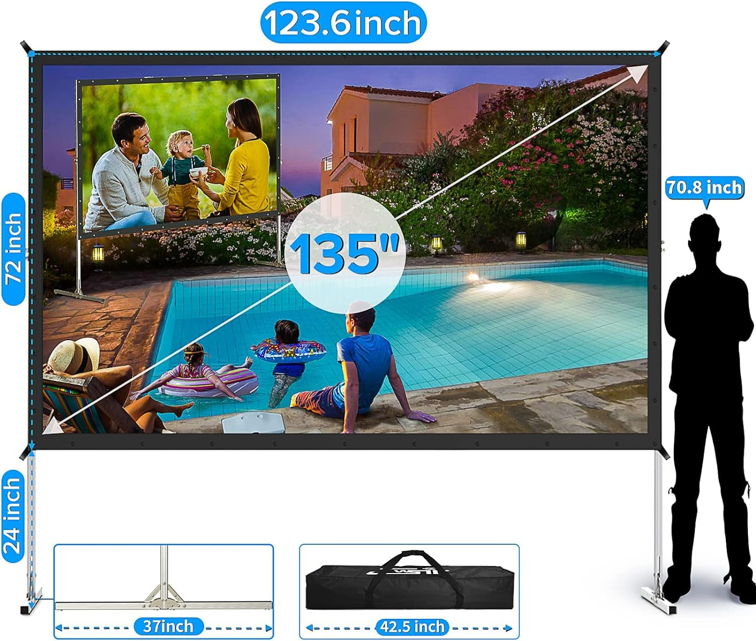 Projector Screen and Stand, 135 Inch Outdoor Movie Screen-Upgraded 3 Layers PVC 16:9 Outdoor Projector Screen,Portable Video Projection Screen with Carrying Bag for Home Theater Backyard