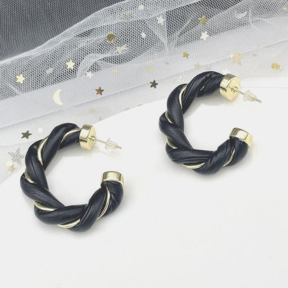 Gold-Plated Twisted Leather Hoop Earrings with Gift Pouch