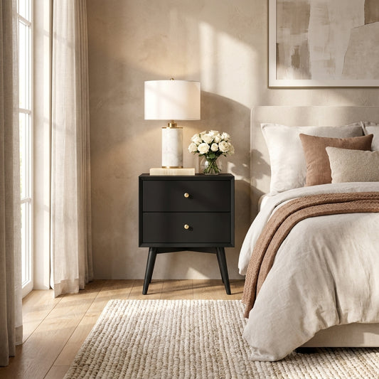 Flynn Mid-Century Nightstand in Matte Black with Open Shelf