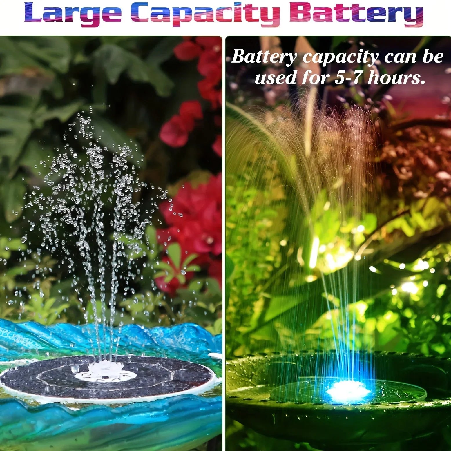 6.5W LED Solar Fountain Pump with Lights for Bird Bath Pool - Outdoor Solar Water Fountain with Battery Backup for Garden Decoration