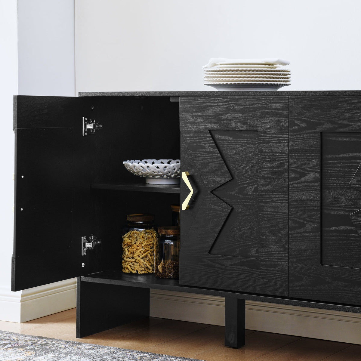 60" Mid Century Modern Sideboard Buffet Cabinet with Fluted Diamond Design - Black