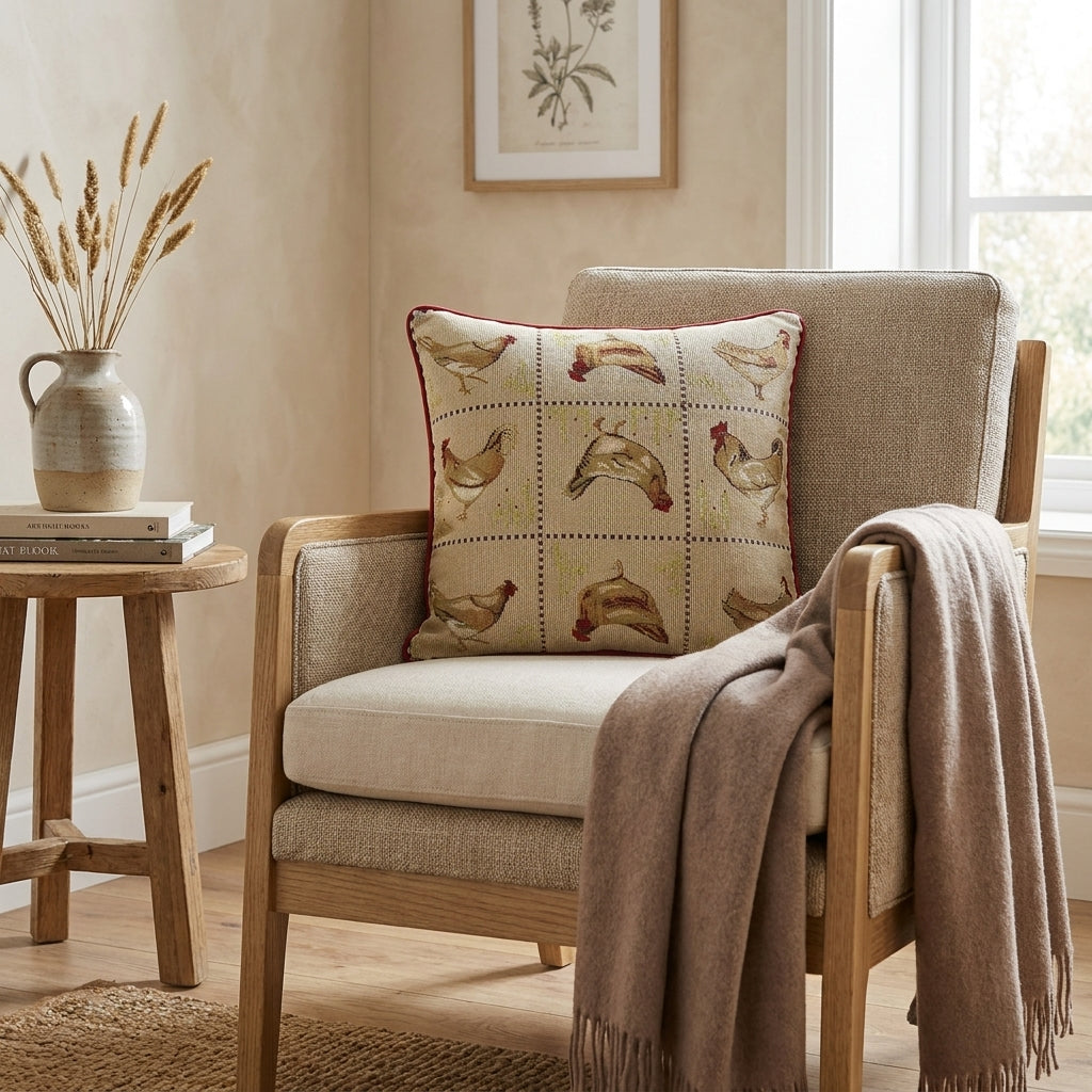 Cotton Blend Tapestry Farmhouse Rooster & Hen Throw Pillow Cover
