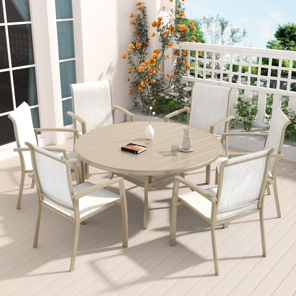 Sandstone 7-Piece Patio Dining Set with Metal Table - Waterproof Seats