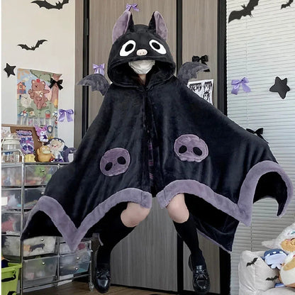 Kawaii Cartoon Bat Y2K Blanket Plush Pajamas Anime Cloak, Hooded Cape Costume for Adults, Winter Ponchos, Halloween Wearable Cloak