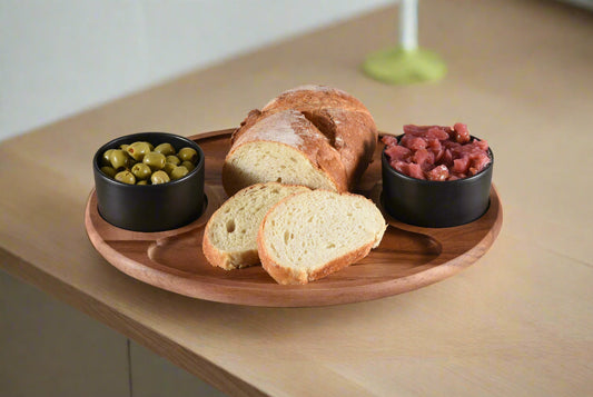 Acacia Wood Serving Tray with Ceramic Bowls and Lids