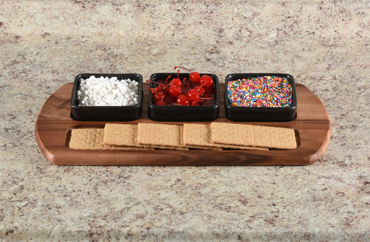 Acacia Wood Serving Tray with Three Black Ceramic Bowls