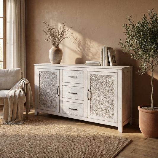 Aria Vintage Dresser with Carved Floral Doors, Weathered White