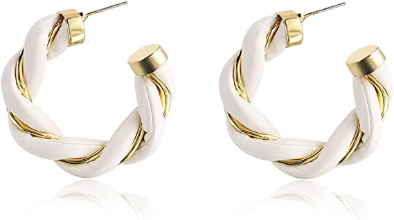 Gold-Plated Twisted Leather Hoop Earrings with Gift Pouch