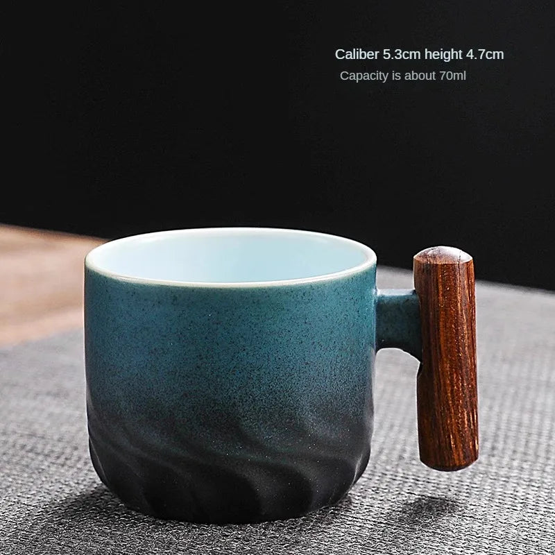 Handmade Vintage Ceramic Coffee Cup with Wooden Handle - Exquisite Pottery Mug for Home, Dining, and Bar