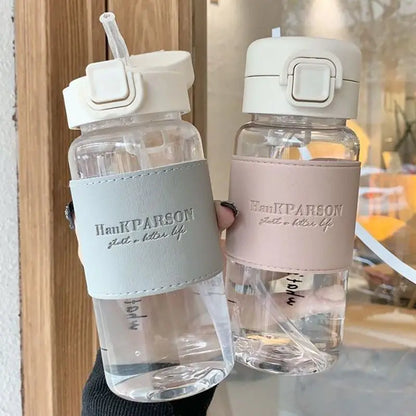 500ml Cute Portable Water Bottle with Straw - Leak-Proof Plastic Drinkware with Premium Leather Cover for Milk, Coffee, Tea