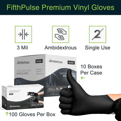 Black Vinyl Disposable Gloves 100 Pack - Powder-Free, Latex-Free Medical Exam Gloves, Small