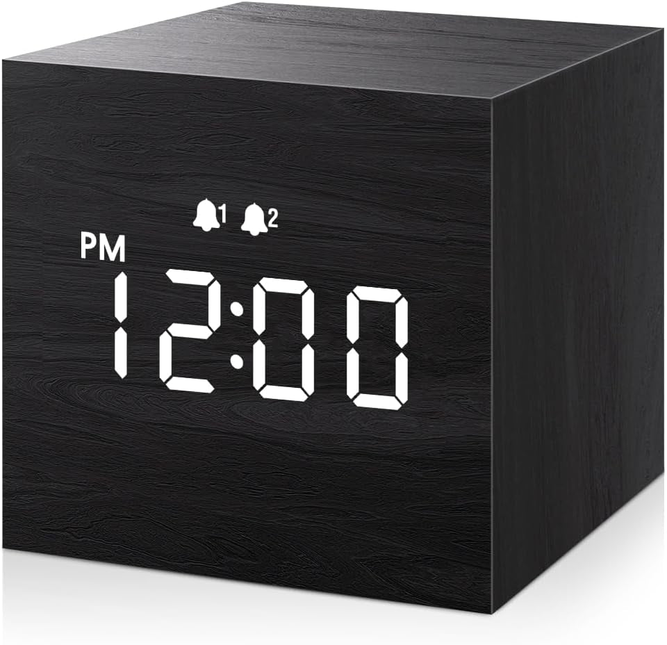 Digital Alarm Clock with Dual Alarm - Wooden Electronic LED Display, 2.5-Inch Mini Cube, USB Powered for Bedroom and Desk, Black