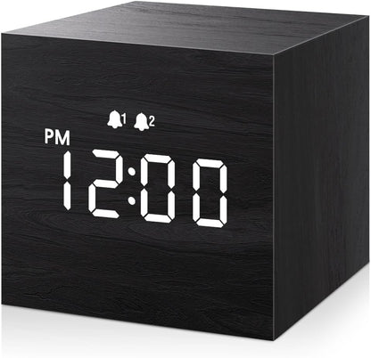 Digital Alarm Clock with Dual Alarm - Wooden Electronic LED Display, 2.5-Inch Mini Cube, USB Powered for Bedroom and Desk, Black