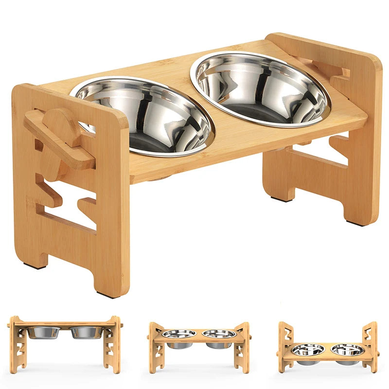 Adjustable Elevated Dog Bowls - Bamboo Stand with Tilted Stainless Steel Bowls for Small to Medium Dogs and Cats, 700ml