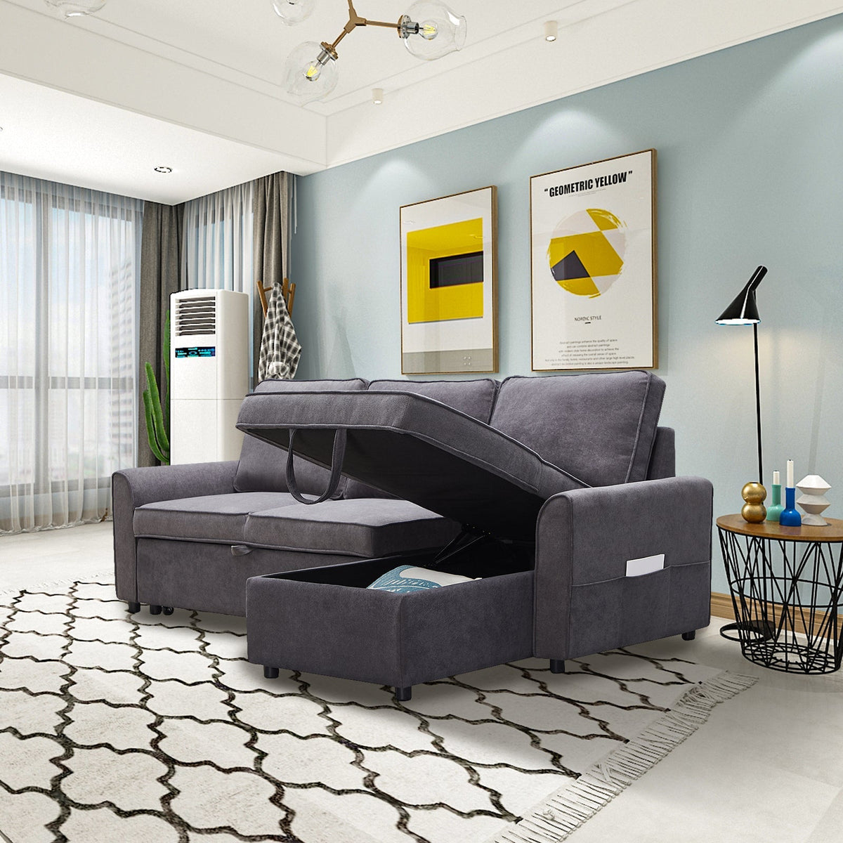 Modern Modular L-Shaped Sofa Bed with Chaise - Dark Grey Linen