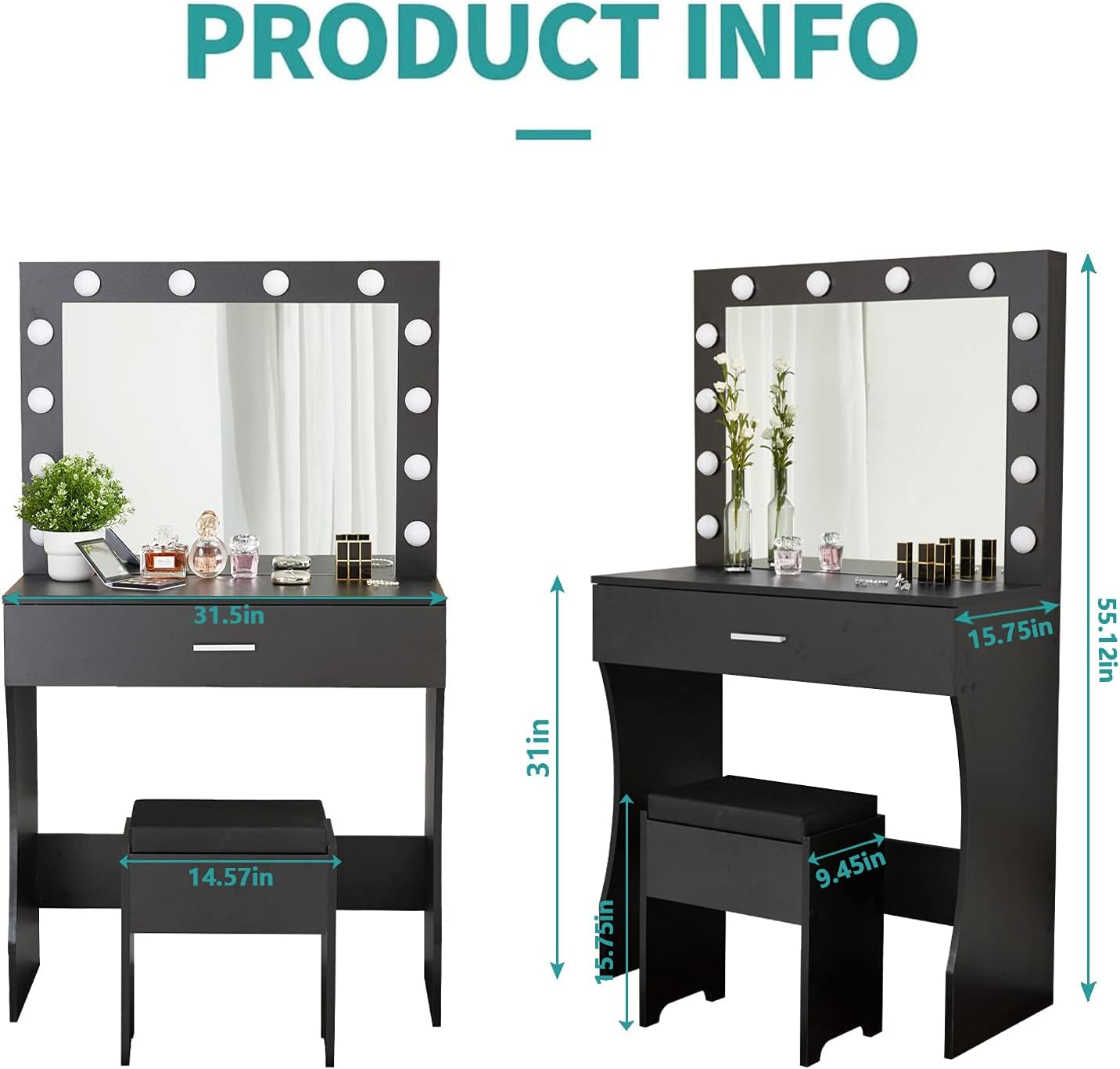 Titoni Black Makeup Vanity Desk Set with Mirror and LED Lights, 31.5” - Adjustable Brightness, Sturdy Wood Construction