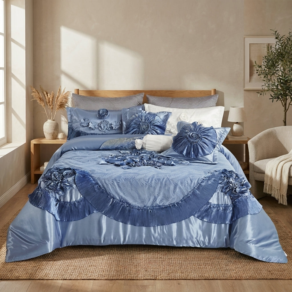 Satin Floral Lace Comforter Set, Sweet Victorian Blue