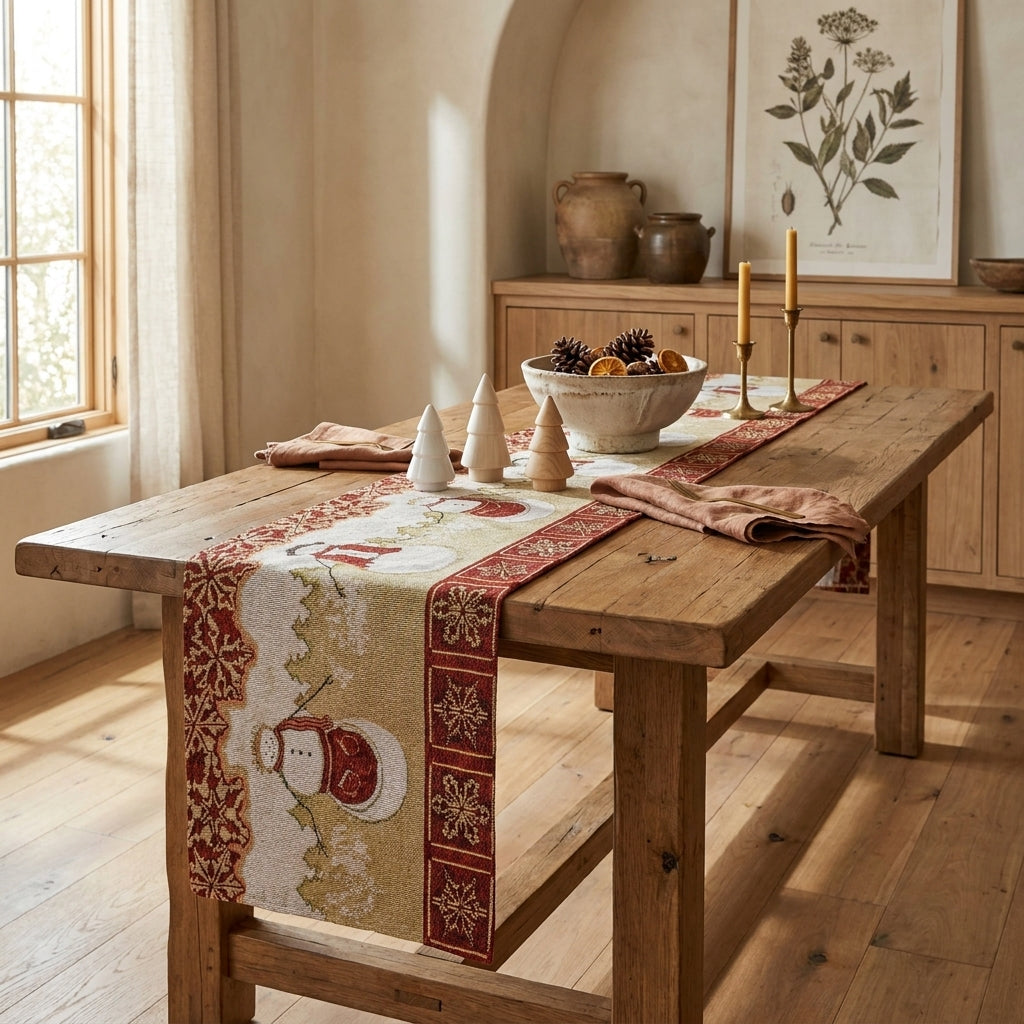 Woven Tapestry Mr. & Mrs. Snowman Couple Table Runner