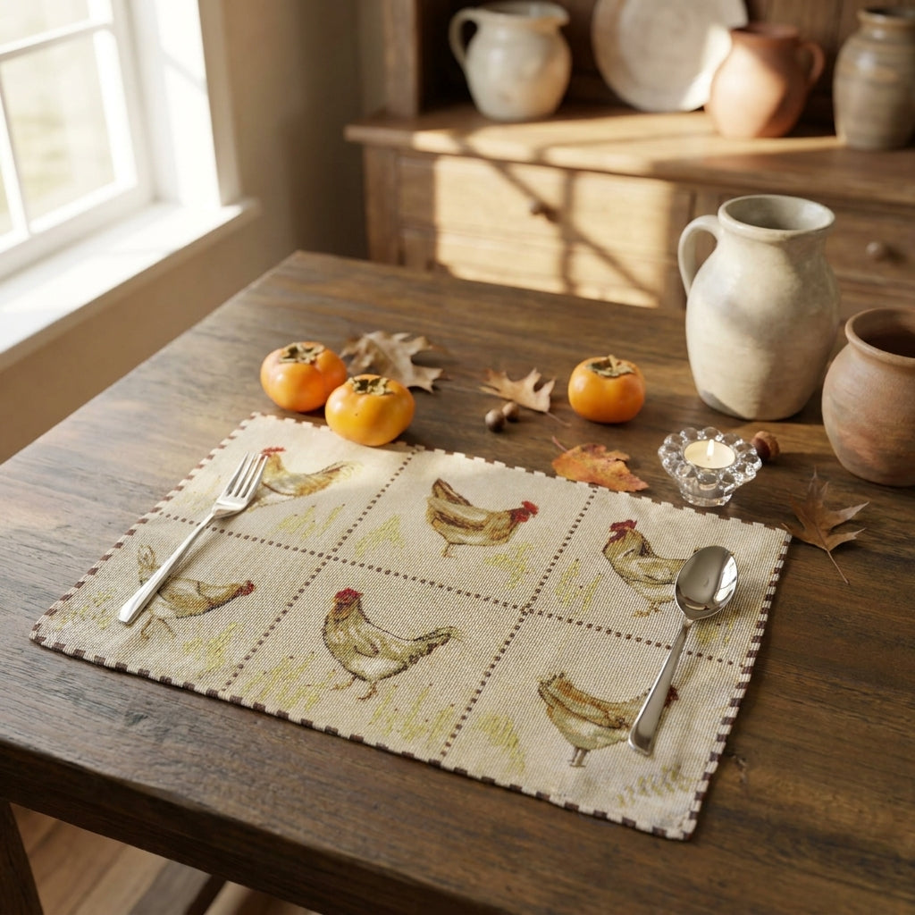 Tache Country Farmhouse Rooster Hens Woven Tapestry Placemat Set (13139PM)