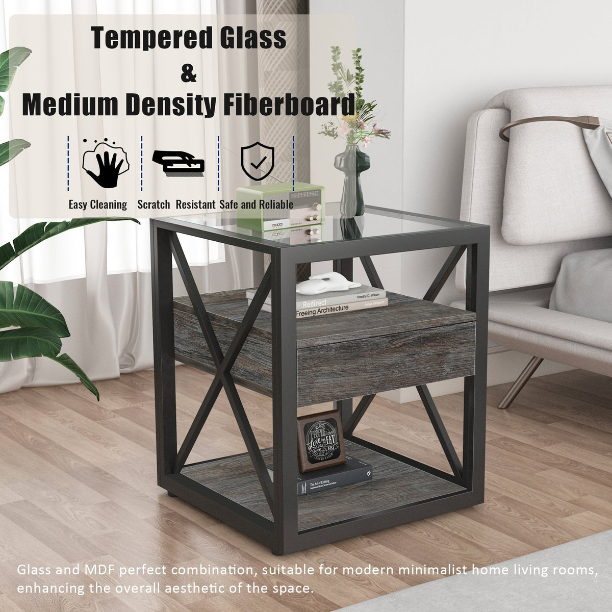 Modern End Tables with Drawer - Set of 2 Nightstands