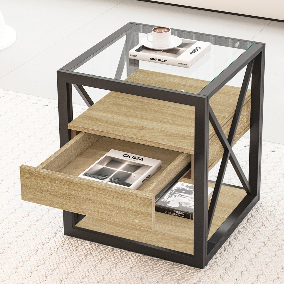 Modern End Table with Drawer - Natural Wood & Tempered Glass
