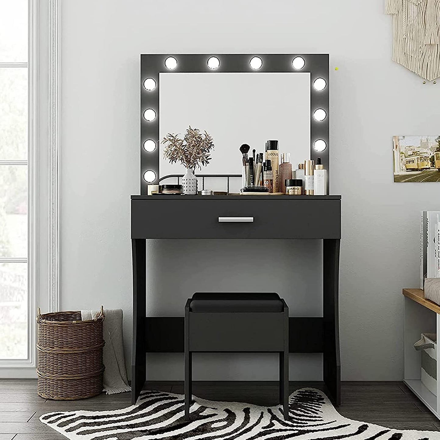 Titoni Black Makeup Vanity Desk Set with Mirror and LED Lights, 31.5” - Adjustable Brightness, Sturdy Wood Construction