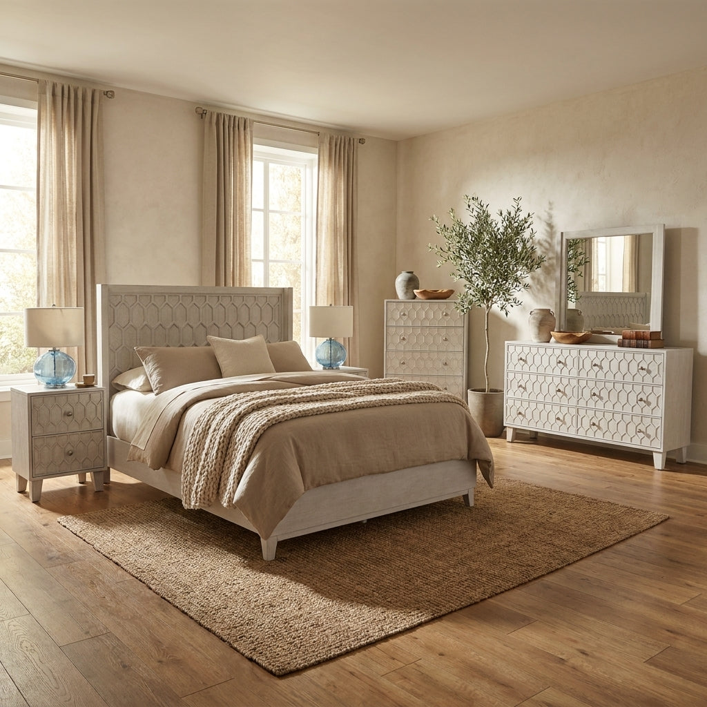 Denver Wood Panel Bed with Honeycomb Headboard, Light Grey Stain