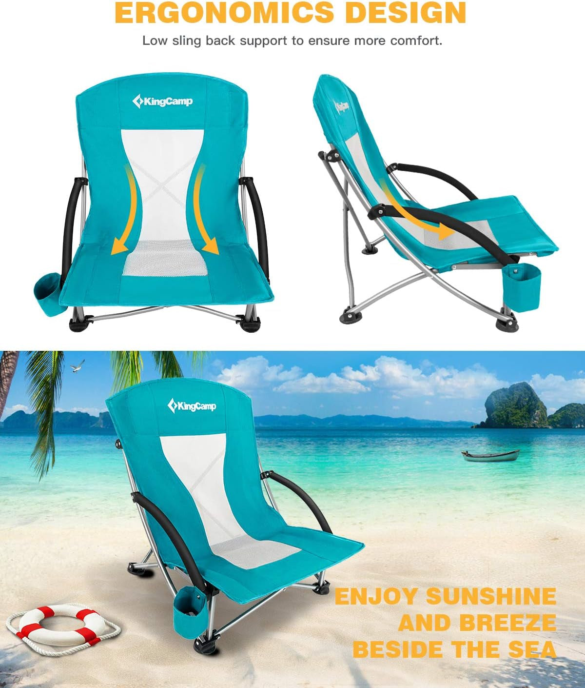 Low Folding Beach Chairs for Adults,Portable Lightweight Lowback Sling Chair with Headrest,Cup Holder,Carry Bag Armrest,Foldable Chair for Sand Camping Concert Travel,300Lbs