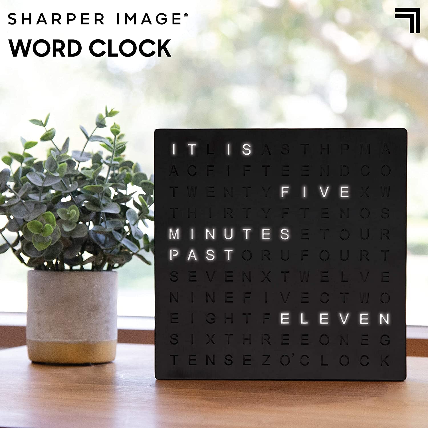 LED Light-Up Word Clock, 7.75” Square, Modern Wall or Desk Clock, USB and Adapter Included - Unique Home & Office Decor, Perfect Housewarming Gift