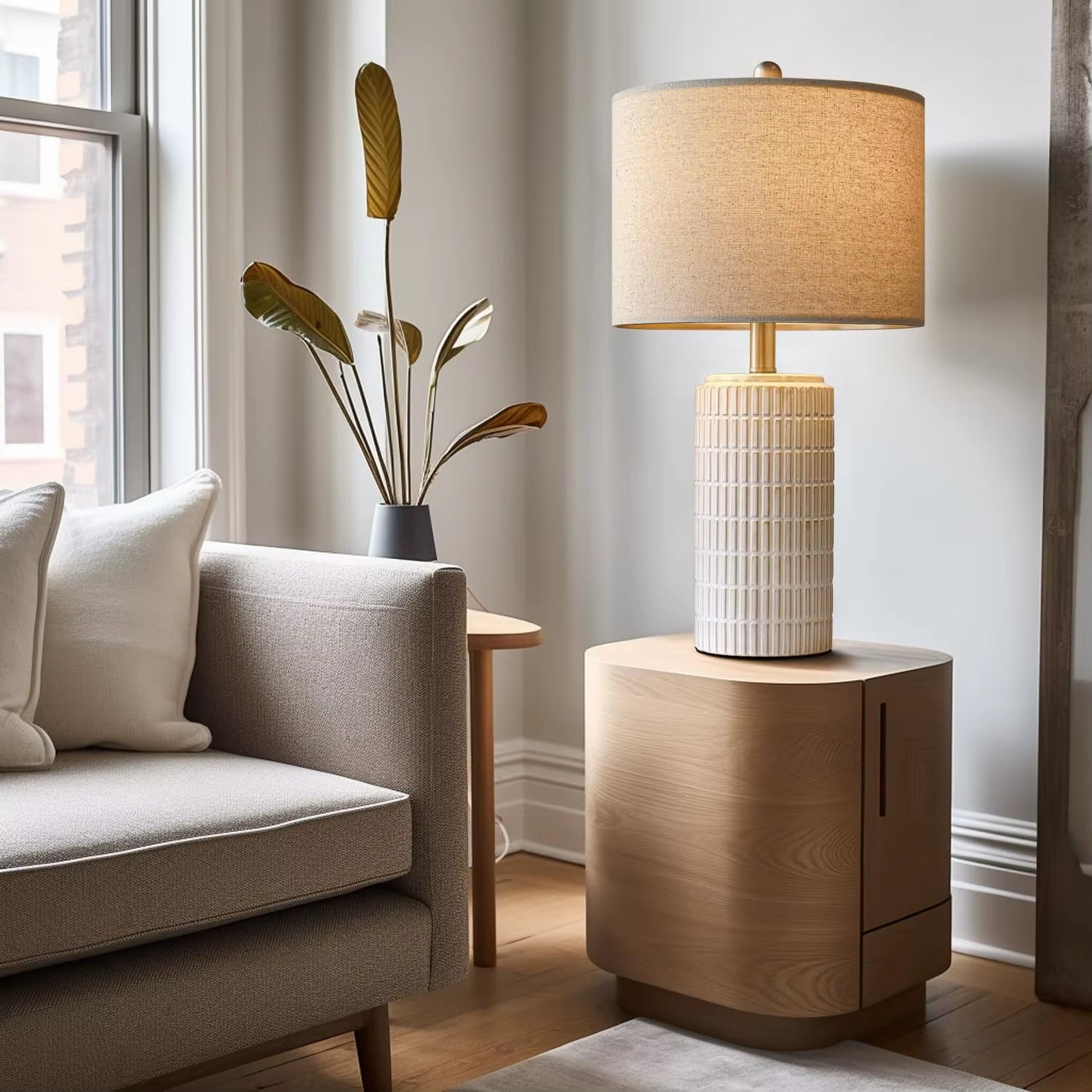 Modern Ceramic Table Lamp Set of 2 – 23” Beige-White Lamps with Glossy Finish, Perfect for Bedroom, Living Room, Nightstand & Desk Décor